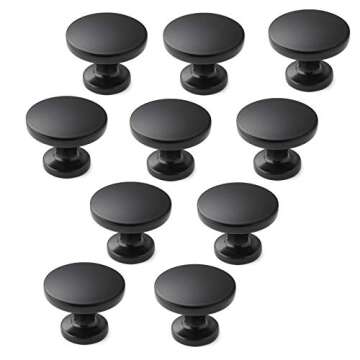 Cauldham 10 Pack Solid Round Kitchen Cabinet Knobs Pulls (1-1/8" Diameter) - Dresser Drawer/Door Hardware - Style R126 - Matte Black