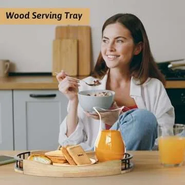 Elegant Oak Wood Serving Tray with Metal Handles 17x13