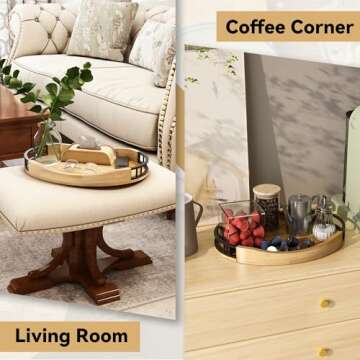 Oak Wood Serving Tray with Handles, 17"x13" Round Wooden Decorative Ottoman Tray for Living Room, Coffee Table, Outdoor, Charcuterie,Cookie, Breakfast in Bed Tray