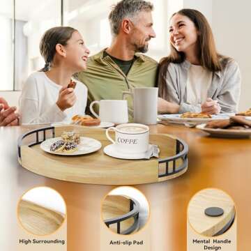 Oak Wood Serving Tray with Handles, 17"x13" Round Wooden Decorative Ottoman Tray for Living Room, Coffee Table, Outdoor, Charcuterie,Cookie, Breakfast in Bed Tray