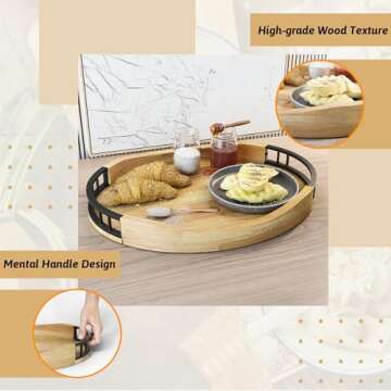 Oak Wood Serving Tray with Handles, 17"x13" Round Wooden Decorative Ottoman Tray for Living Room, Coffee Table, Outdoor, Charcuterie,Cookie, Breakfast in Bed Tray
