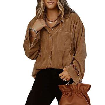 Astylish Womens V Neck Roll Up Long Sleeve Pocket Corduroy Shirts Casual Boyfriend Button Down Petit...