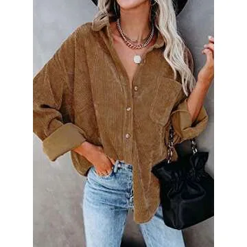 Astylish Womens V Neck Roll Up Long Sleeve Pocket Corduroy Shirts Casual Boyfriend Button Down Petite Blouses Brown XL