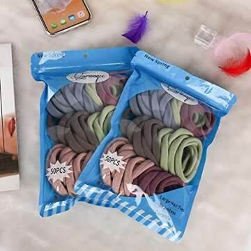 Qarwayoc 50PCS Large Hair Ties, Thick Cotton Seamless Hair Ties, Hair Elastic Ponytail Holders, No Damage for Thick Heavy Hair, 2 Inch in Diameter, 5 Colors
