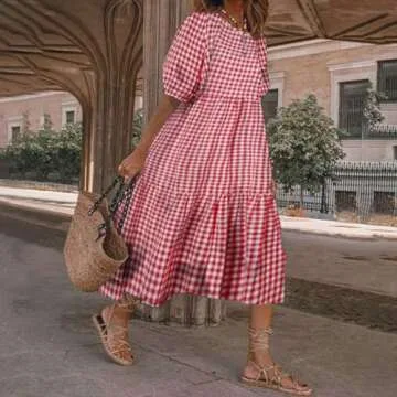chouyatou Women's Retro Lantern Puff Sleeve Plaid Dress Gingham Swing Tiered Midi Long Dress (Small,...