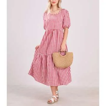 chouyatou Women's Retro Lantern Puff Sleeve Plaid Dress Gingham Swing Tiered Midi Long Dress (Small, Plaid Red)