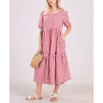chouyatou Women's Retro Lantern Puff Sleeve Plaid Dress Gingham Swing Tiered Midi Long Dress (Small, Plaid Red)