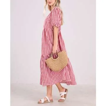 chouyatou Women's Retro Lantern Puff Sleeve Plaid Dress Gingham Swing Tiered Midi Long Dress (Small, Plaid Red)