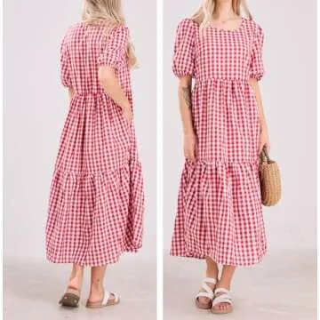 chouyatou Women's Retro Lantern Puff Sleeve Plaid Dress Gingham Swing Tiered Midi Long Dress (Small, Plaid Red)