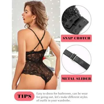 Avidlove Lingerie Deep V Lace Lingerie Bodysuit Women Teddy One Piece Babydoll (Black, M)