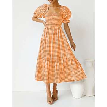 ZESICA Women's Bohemian Summer Plaid Square Neck Puff Sleeve Ruffle Flowy Beach Midi Dress,Orange,Small