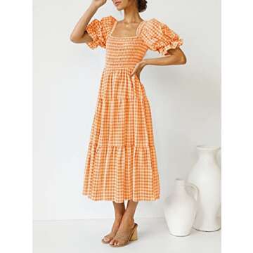 ZESICA Women's Bohemian Summer Plaid Square Neck Puff Sleeve Ruffle Flowy Beach Midi Dress,Orange,Small
