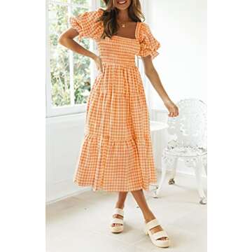 ZESICA Women's Bohemian Summer Plaid Square Neck Puff Sleeve Ruffle Flowy Beach Midi Dress,Orange,Small