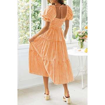 ZESICA Women's Bohemian Summer Plaid Square Neck Puff Sleeve Ruffle Flowy Beach Midi Dress,Orange,Small