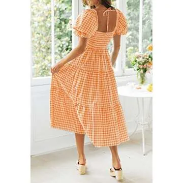 ZESICA Women's Bohemian Summer Plaid Square Neck Puff Sleeve Ruffle Flowy Beach Midi Dress,Orange,Small
