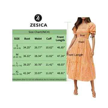 ZESICA Women's Bohemian Summer Plaid Square Neck Puff Sleeve Ruffle Flowy Beach Midi Dress,Orange,Small