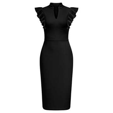 Knitee Women's Vintage Ruffle Sleeve V-Neck Bodycon Evening Party Cocktail Pencil Sheath Dress (Black, X-Large)