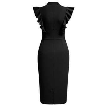 Knitee Women's Vintage Ruffle Sleeve V-Neck Bodycon Evening Party Cocktail Pencil Sheath Dress (Black, X-Large)