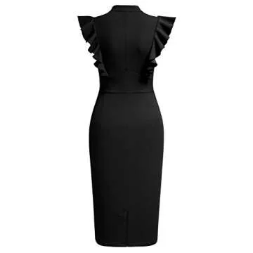 Knitee Women's Vintage Ruffle Sleeve V-Neck Bodycon Evening Party Cocktail Pencil Sheath Dress (Black, X-Large)