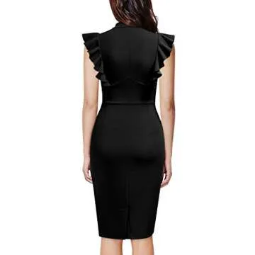 Knitee Women's Vintage Ruffle Sleeve V-Neck Bodycon Evening Party Cocktail Pencil Sheath Dress (Black, X-Large)