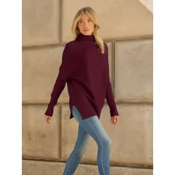 LILLUSORY Womens Turtleneck Oversized Tunic Fall Sweaters 2024 Casual Long Pullover Knit Winter Cute Poncho Fashion Trendy Clothes Outfits Clothing Tops Leggings Wine Red