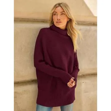 LILLUSORY Womens Turtleneck Oversized Tunic Fall Sweaters 2024 Casual Long Pullover Knit Winter Cute Poncho Fashion Trendy Clothes Outfits Clothing Tops Leggings Wine Red