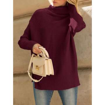 LILLUSORY Womens Turtleneck Oversized Tunic Fall Sweaters 2024 Casual Long Pullover Knit Winter Cute Poncho Fashion Trendy Clothes Outfits Clothing Tops Leggings Wine Red