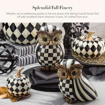 MACKENZIE-CHILDS Owl Statue - Whimsical Fall Home Decor in Black-and-White Courtly Stripe