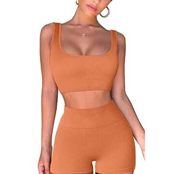 QINSEN Seamless Workout Set Cropped Tank Tops for Women Ribbed 2 Piece Yoga Outfits Active Shorts Light Orange S