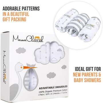 Mama Cheetah Organic Baby Swaddle Blanket, Adjustable Newborn Swaddle Sleep Sacks, Easy Swaddles for Boys and Girls 0-3 Months, Nursery Swaddling Essentials, 3-Pack, Grey