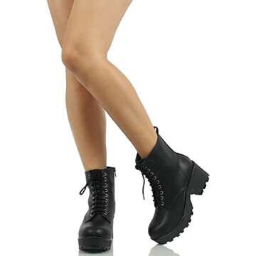 Soda Women's Magpie Faux Leather Lace-Up Combat Mid Heel Military Ankle Boots (Black, us_footwear_size_system, adult, women, numeric, medium, numeric_8_point_5)