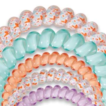 TELETIES - Mixed Spiral Hair Coils - Spring Collection - Ponytail Holder Hair Ties for Women - Phone Cord Hair Ties - Strong Grip, No Rip, Water Resistant, No Crease - 5 pack - Fly Away