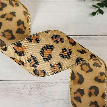 CT CRAFT LLC Burlap Leopard Fabric Wired Ribbon 2.5" x 10 Yards Natural with Black and Bronze Color ...