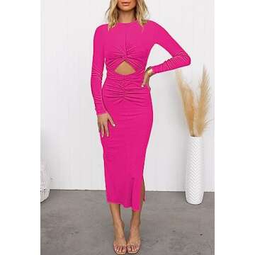 HUUSA Women's Long Sleeve Cutout Bodycon Pencil Dress Elegant Fall Crewneck Crisscross Twist Ruched Slit Fitted Ribbed Knit Formal Dresses Hot Pink M