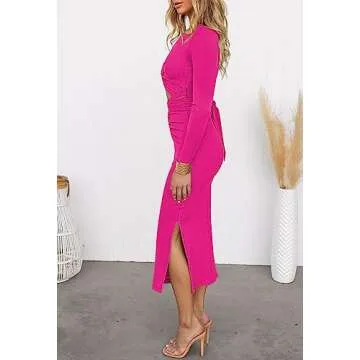 HUUSA Women's Long Sleeve Cutout Bodycon Pencil Dress Elegant Fall Crewneck Crisscross Twist Ruched Slit Fitted Ribbed Knit Formal Dresses Hot Pink M