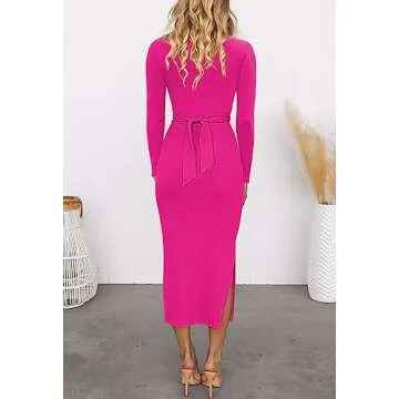 HUUSA Women's Long Sleeve Cutout Bodycon Pencil Dress Elegant Fall Crewneck Crisscross Twist Ruched Slit Fitted Ribbed Knit Formal Dresses Hot Pink M