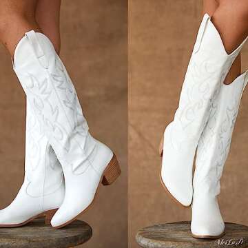 MeiLuSi Women's Cowgirl Boots for Women Embroidered Knee High Cowboy Boots Fashion Pull on Tall Western Boot