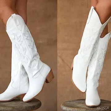 MeiLuSi Women's Cowgirl Boots for Women Embroidered Knee High Cowboy Boots Fashion Pull on Tall Western Boot