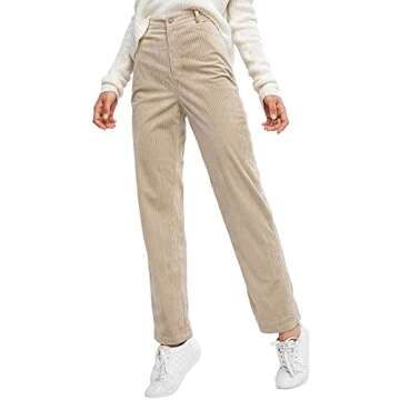 ZAFUL Women's Vintage Corduroy Pants High Waisted Straight Leg Pants Pockets Trousers (1-Light Khaki, M)