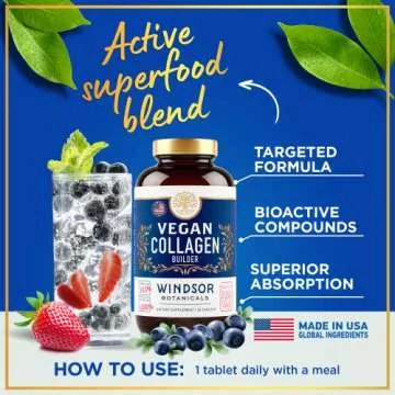 Vegan Collagen for Women and Men Supplements - Vitamin C, Biotin, Amino Acids Glycine, Lysine, Proline, Organic Fruit & Vegetable Powder - Once A Day - 30 Plant Based Collagen Boost Tablets