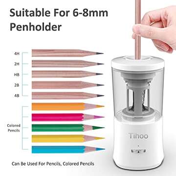 Tihoo Fully Automatic Electric Pencil Sharpener, Automatic Pen in/Out, Auto Stop, Super Sharp & Fast for No.2/Colored Pencils(6-8mm), Portable in School/Office/Home
