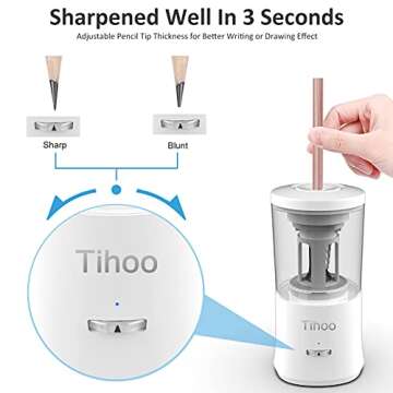 Tihoo Fully Automatic Electric Pencil Sharpener, Automatic Pen in/Out, Auto Stop, Super Sharp & Fast for No.2/Colored Pencils(6-8mm), Portable in School/Office/Home