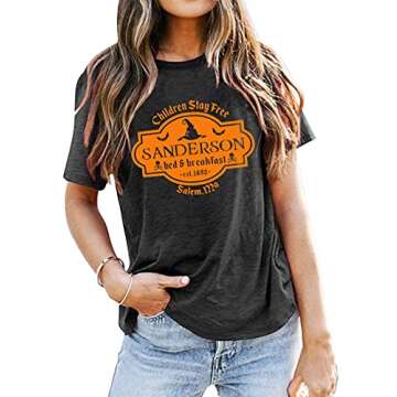 Halloween T Shirt Women Sanderson Letter Print Graphic T-Shirt Hocus Pocus Tees Tops(Grey1,Medium)