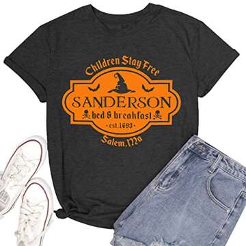 Halloween T Shirt Women Sanderson Letter Print Graphic T-Shirt Hocus Pocus Tees Tops(Grey1,Medium)