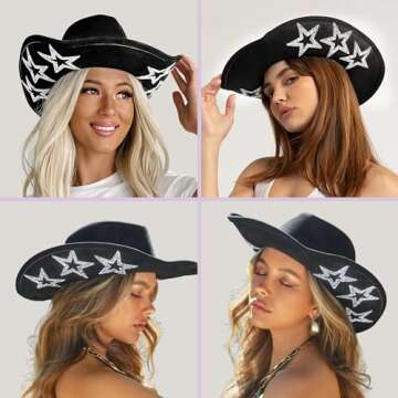 Keilin Cowgirl Hat Star Studded Rhinestone Cowboy Hat Disco Cowgirl Outfit Western Nashville Bachelorette Party Hat for Teens and Adults (Black)