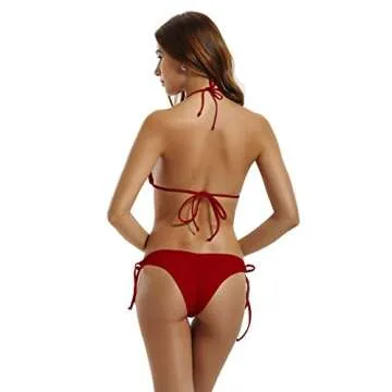 zeraca Women's Tie Side Bottom Triangle Bikini Swimsuits (M10, Dark Red)
