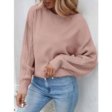 ZESICA Women's Fall Long Sleeve Crew Neck Solid Color Cable Knit Chunky Casual Oversized Pullover Sweater Tops,GreyPink,Small
