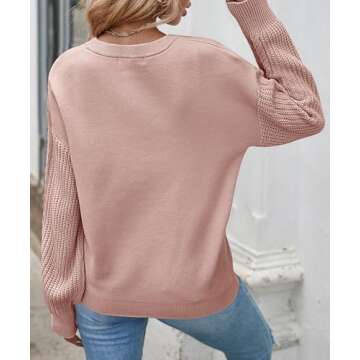 ZESICA Women's Fall Long Sleeve Crew Neck Solid Color Cable Knit Chunky Casual Oversized Pullover Sweater Tops,GreyPink,Small