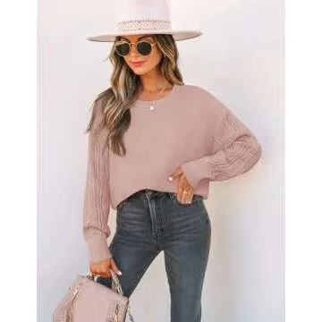 ZESICA Women's Fall Long Sleeve Crew Neck Solid Color Cable Knit Chunky Casual Oversized Pullover Sweater Tops,GreyPink,Small