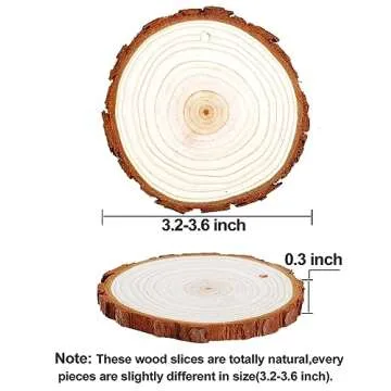 wohohoho 32pcs 3.2-3.6 inches Natural Wood Slices, Unfinished Craft Wood Kit Predrilled with Hole Thickened Wooden Circles with Bark for DIY Ornaments Christmas Wedding Decorations Wood Coasters Tags